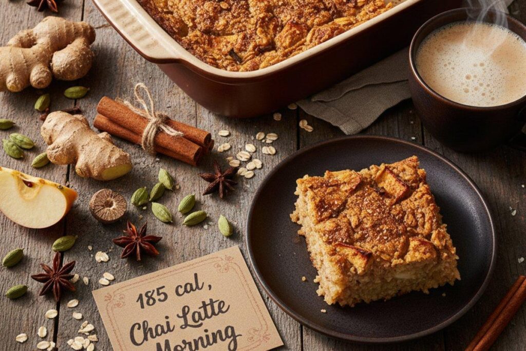 Chai spice apple baked oatmeal with warming spices, cozy winter breakfast
