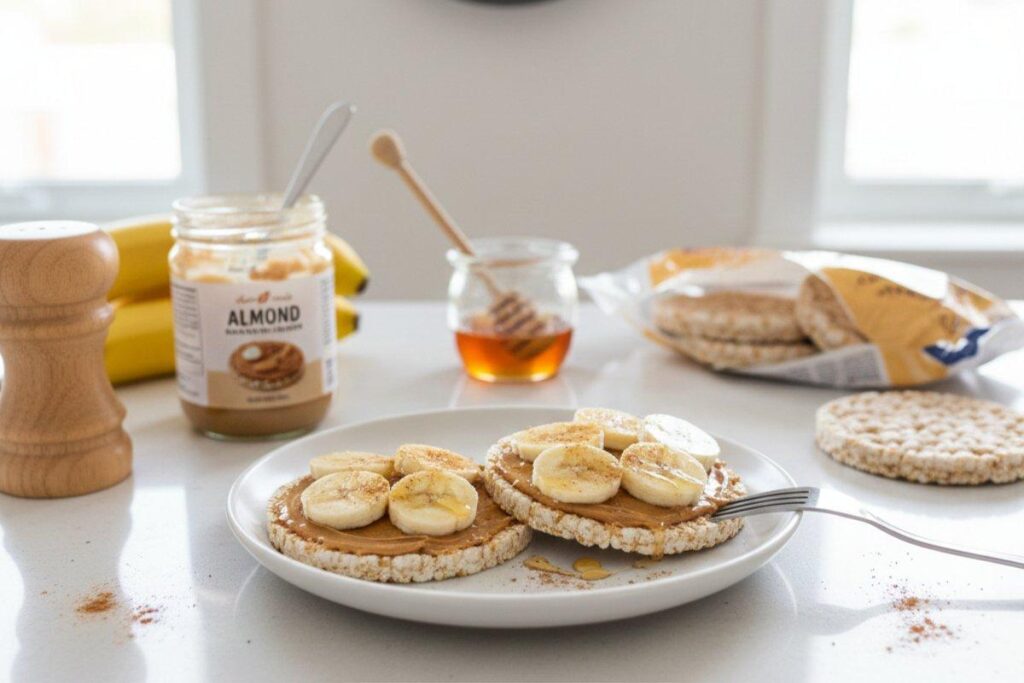 Almond butter banana rice cakes, quickest 235 calorie breakfast option