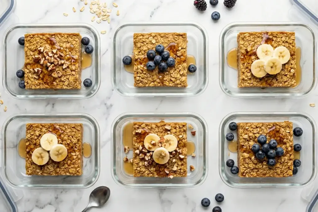 Six portions of high protein baked oatmeal in glass containers for weekly meal prep