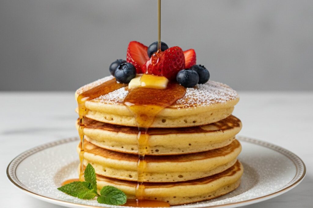 Luxury protein pancakes no eggs stack 28g protein 8K food photography