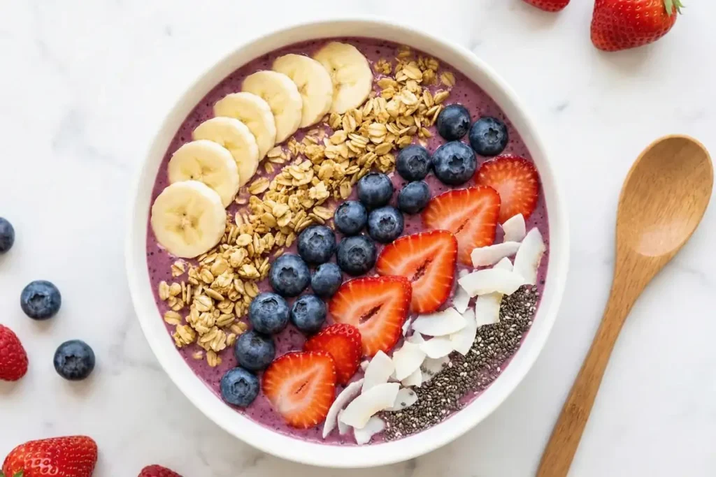Berry protein smoothie bowl with beautiful toppings