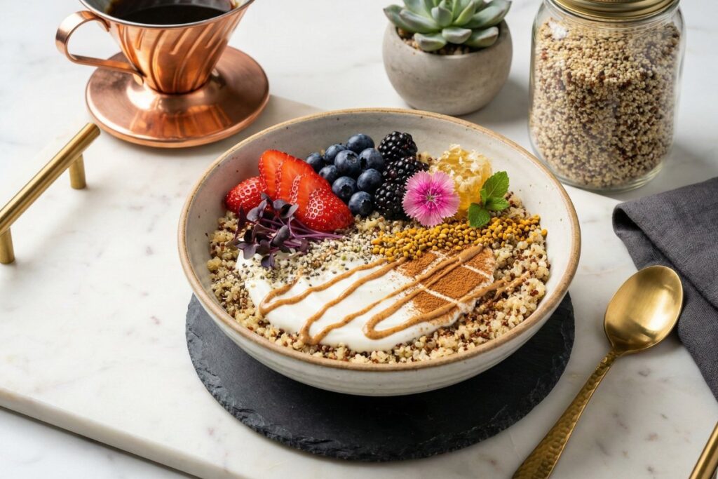 Contemporary quinoa bowl Japanese ceramic 22g protein gluten free modern luxury 