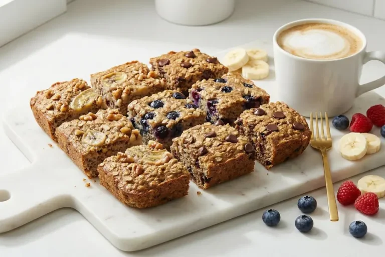 High protein baked oatmeal squares in assorted flavors arranged on white marble board with coffee mug and fresh berries