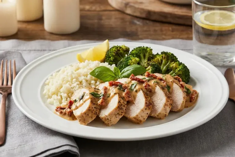 Healthy Marry Me Chicken meal prep in glass containers on marble counter with ingredients
