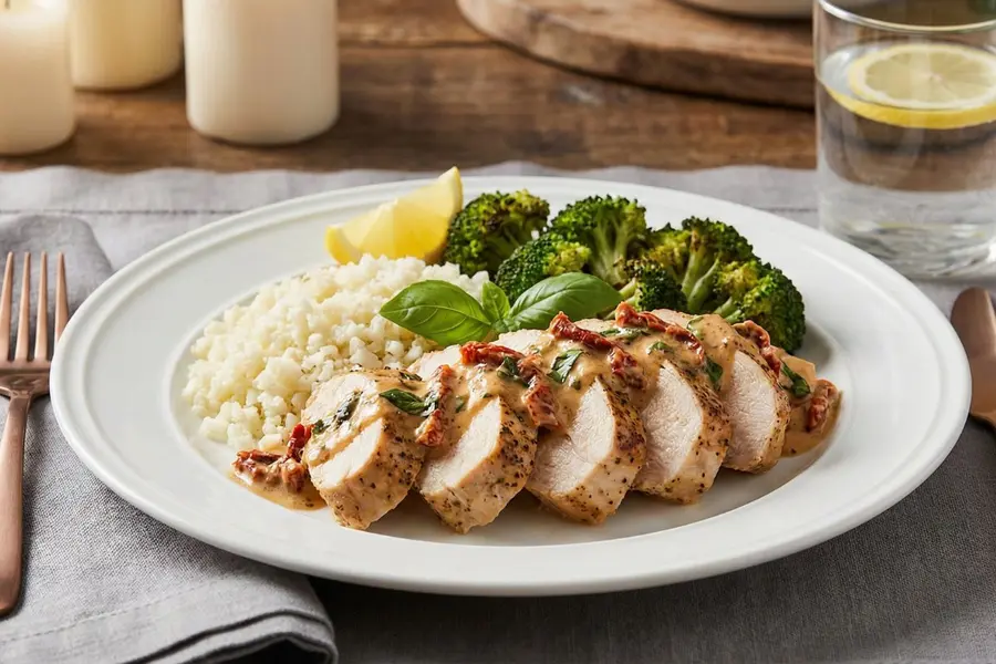 Healthy Marry Me Chicken meal prep in glass containers on marble counter with ingredients