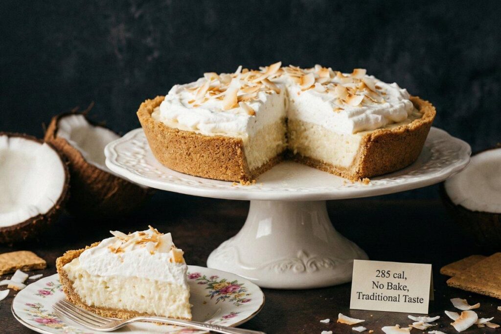 No bake coconut cream pie slice showing creamy layers, 285 calories