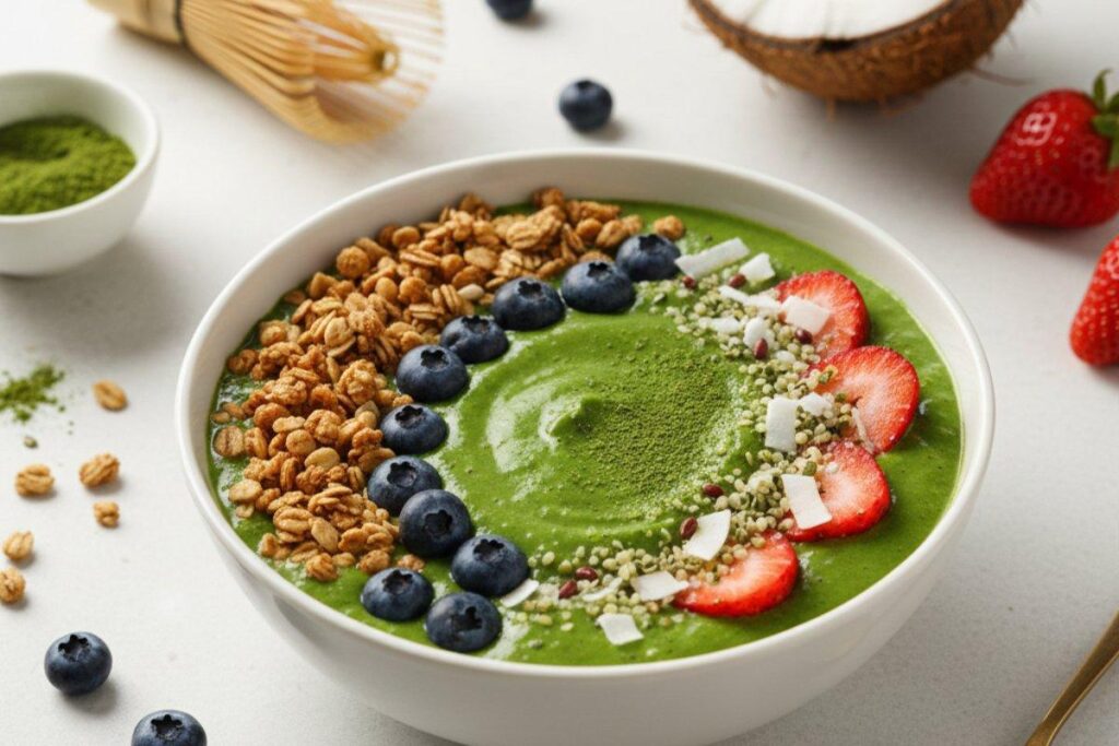 Matcha green tea smoothie bowl with berries, calm energy breakfast