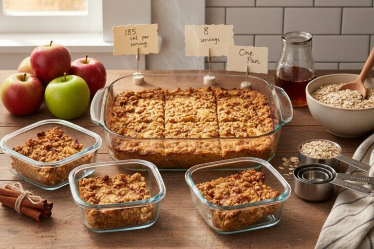 Low calorie baked apple oatmeal in baking dish with 8 servings portioned