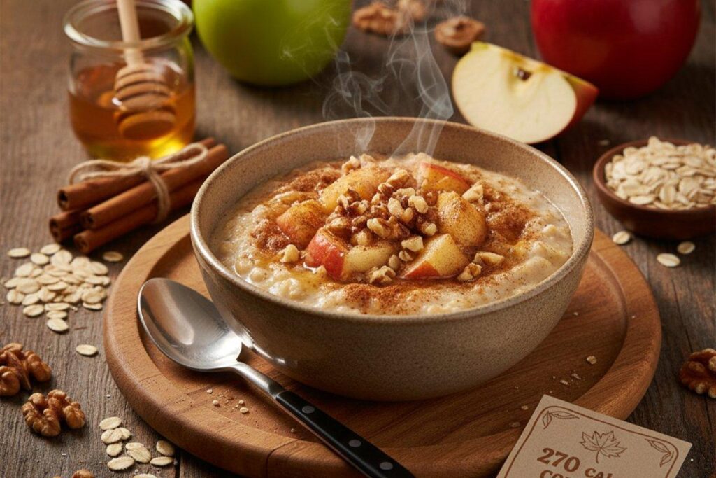 Apple cinnamon oatmeal with walnuts, comfort food 270 calorie breakfast