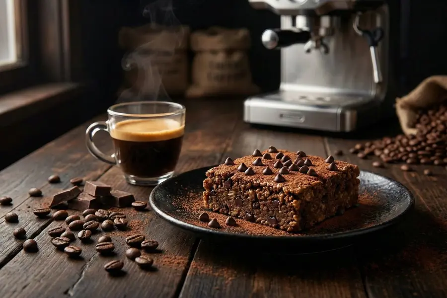 Mocha espresso high protein baked oatmeal on dark plate with espresso cup and coffee beans
