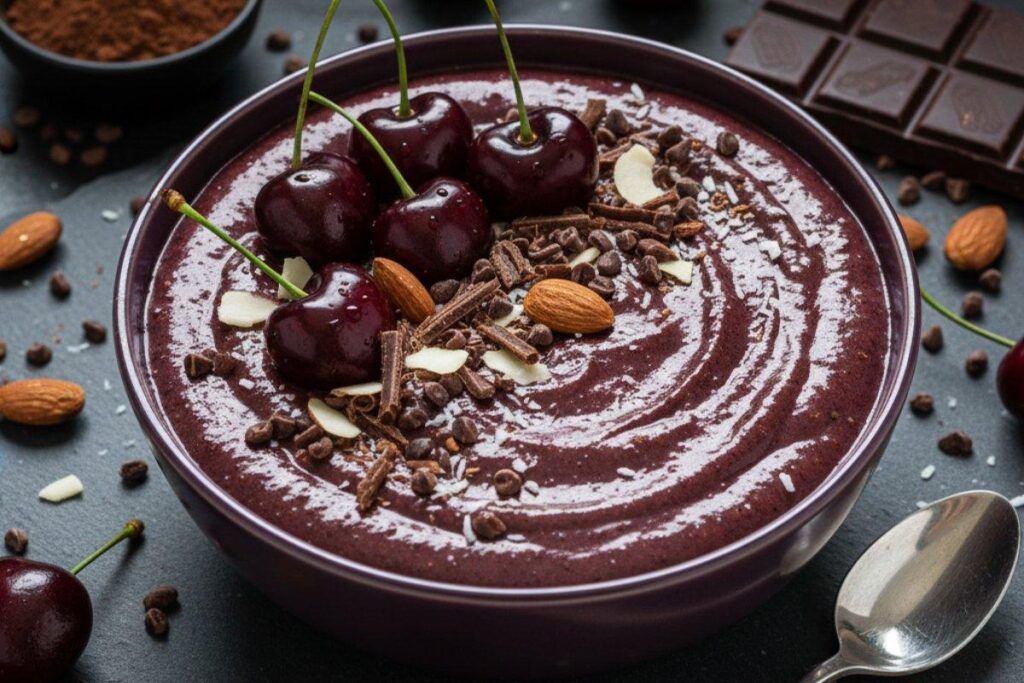 Cherry chocolate smoothie bowl with cacao nibs and dark chocolate
