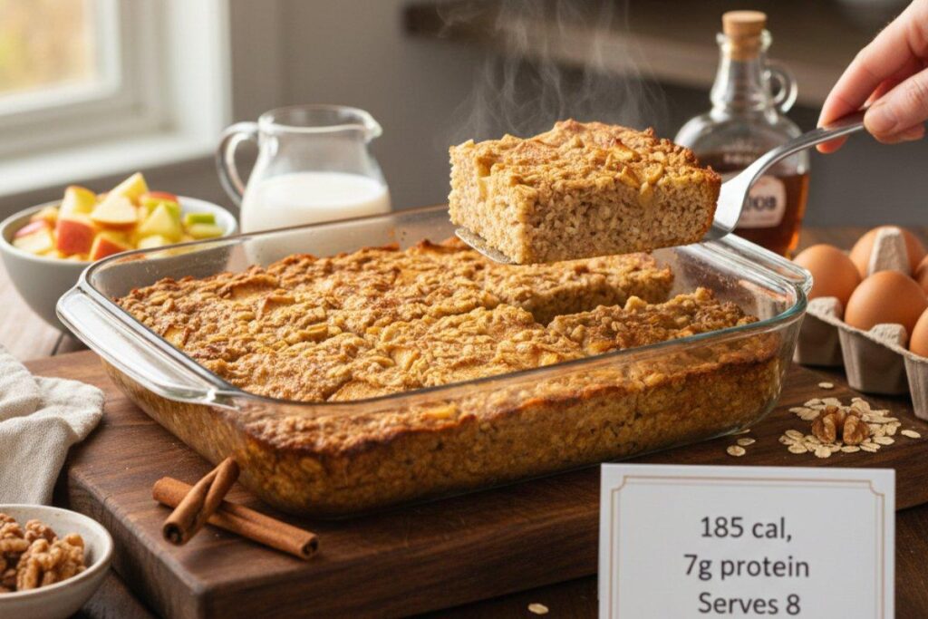 Classic cinnamon apple baked oatmeal golden brown with 8 servings, 185 calories