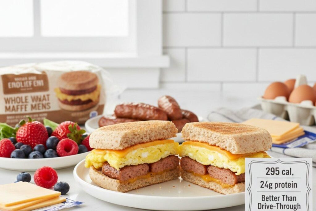 Turkey sausage breakfast sandwich on English muffin, 295 calorie fast food alternative