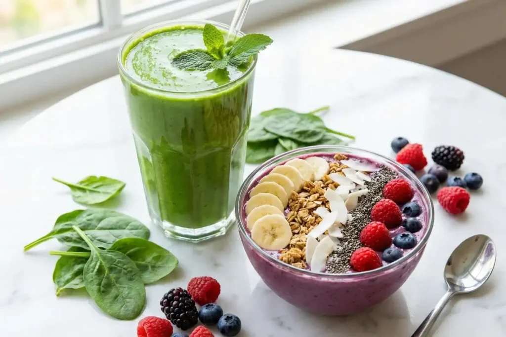 High protein gluten free smoothie and smoothie bowl with toppings