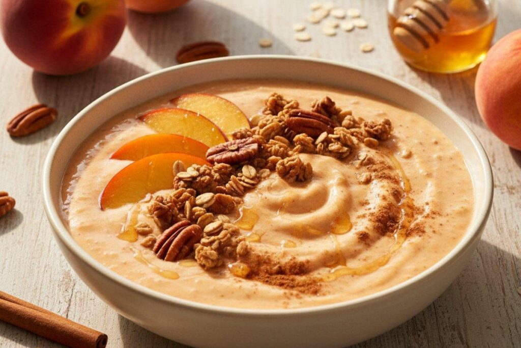 Peach cobbler smoothie bowl with fresh peaches and cinnamon