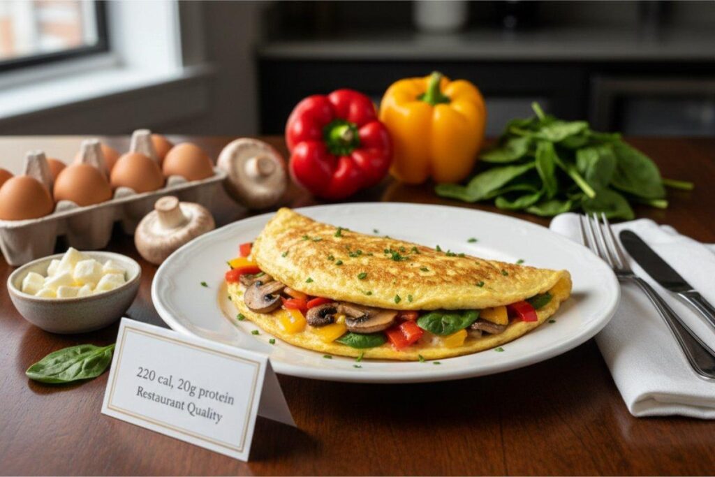 Veggie omelet folded with mushrooms peppers and cheese, 220 calories