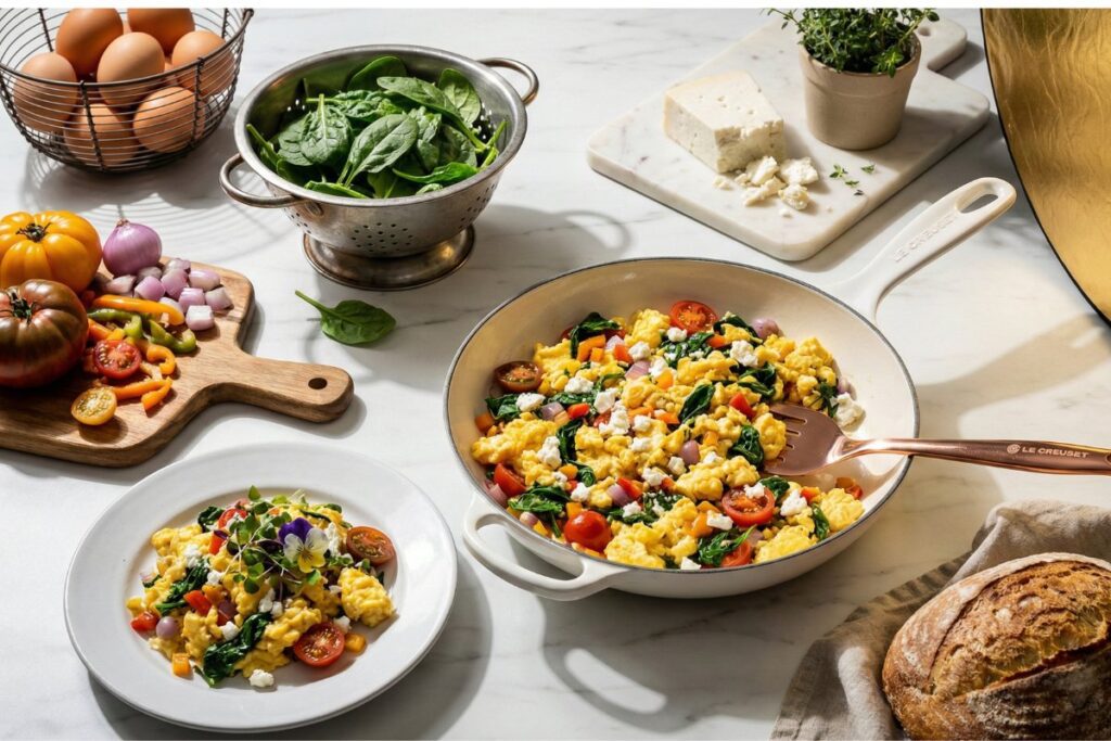 Sophisticated veggie egg scramble Le Creuset 26g protein gluten free rainbow vegetables