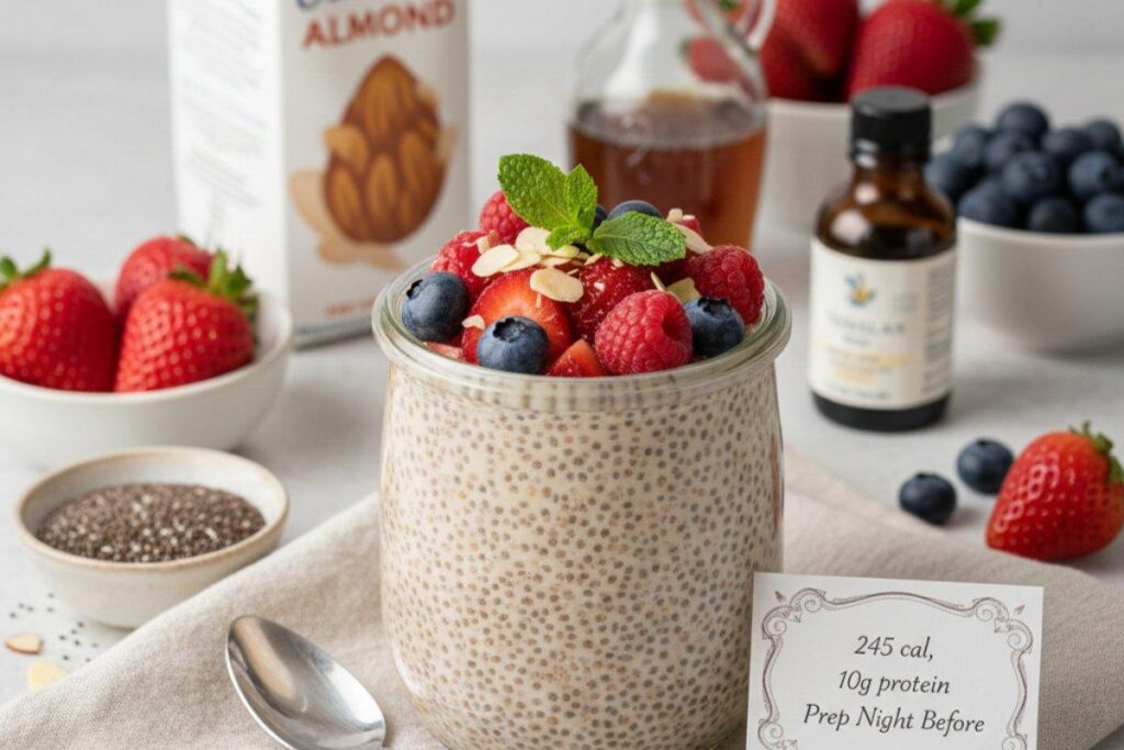 Chia seed pudding with berries and almonds, dessert-like 245 calorie breakfast