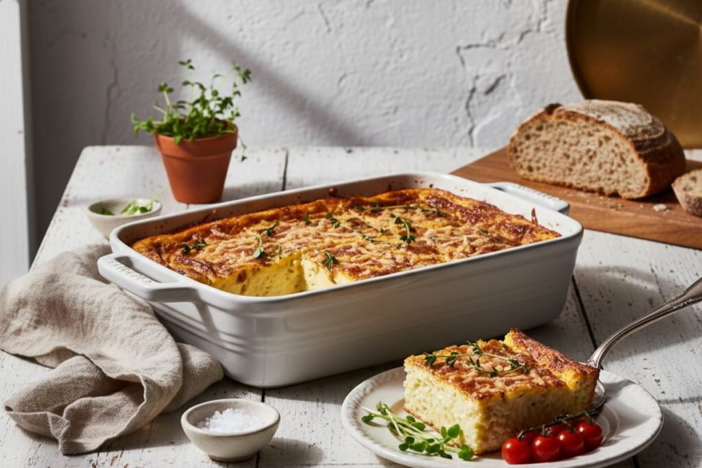 Elegant egg casserole Le Creuset rustic luxury 24g protein gourmet styling