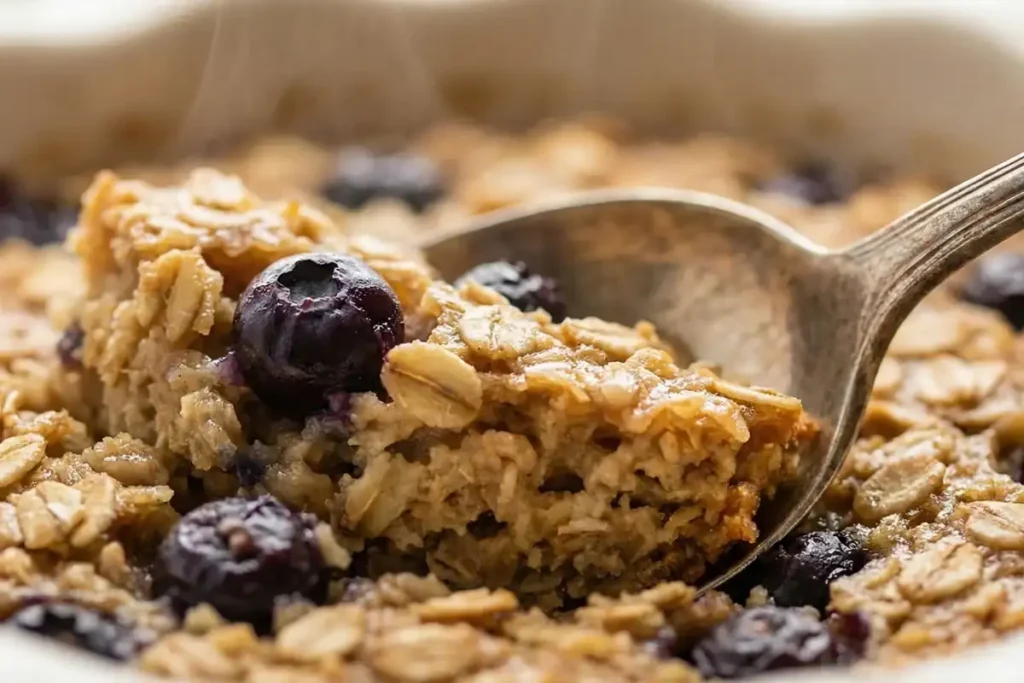 Close-up texture of high protein baked oatmeal showing soft interior