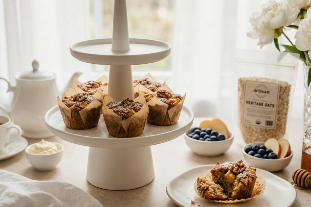Artisan baked oatmeal cups three-tier stand elegant 10g protein wholesome 