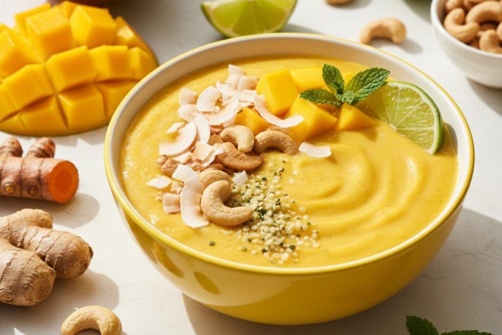 Mango turmeric smoothie bowl with anti-inflammatory ingredients