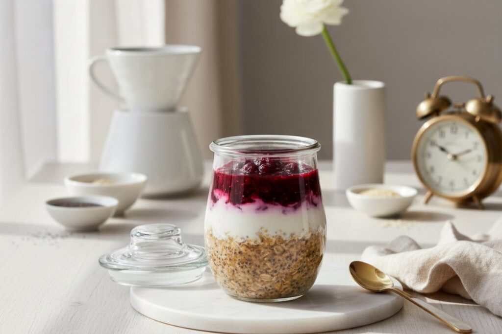 Sophisticated overnight oats jar Scandinavian styling 25g protein elegant