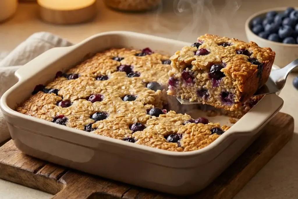 High protein gluten free baked oatmeal in baking dish