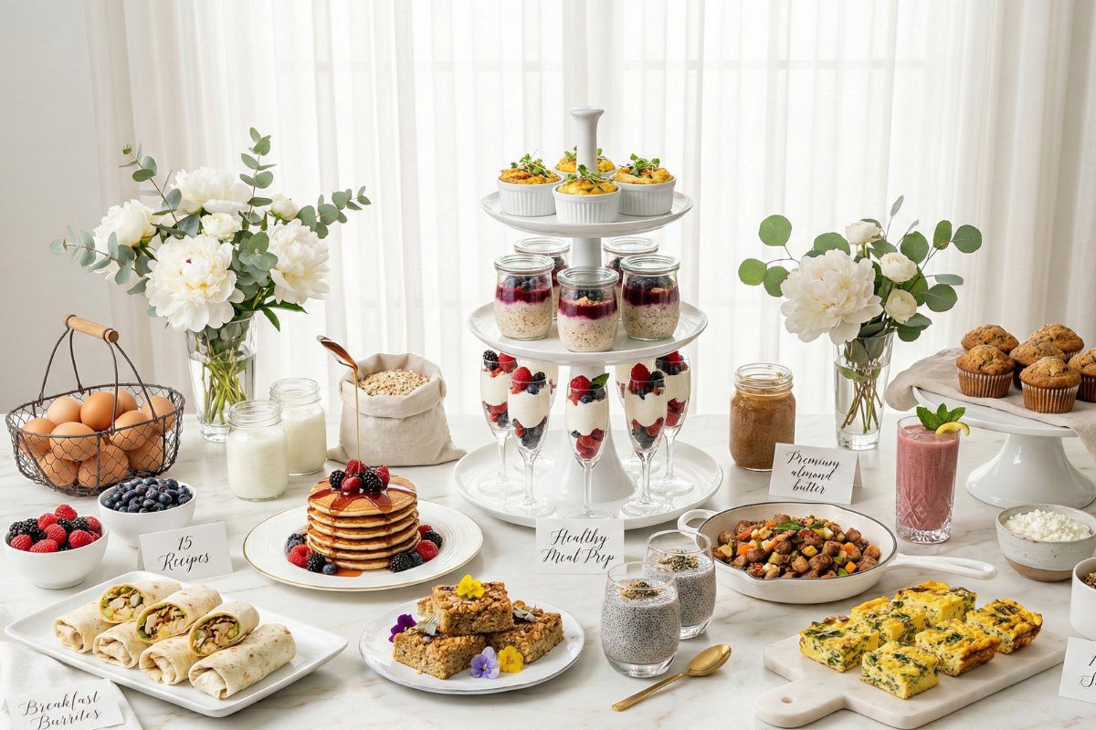 Luxurious healthy breakfast meal prep 15 recipes elegant display