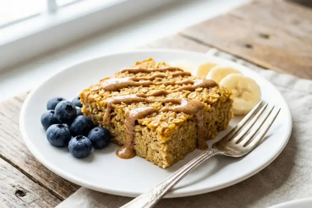 Single serving of high protein baked oatmeal on plate with fresh berries