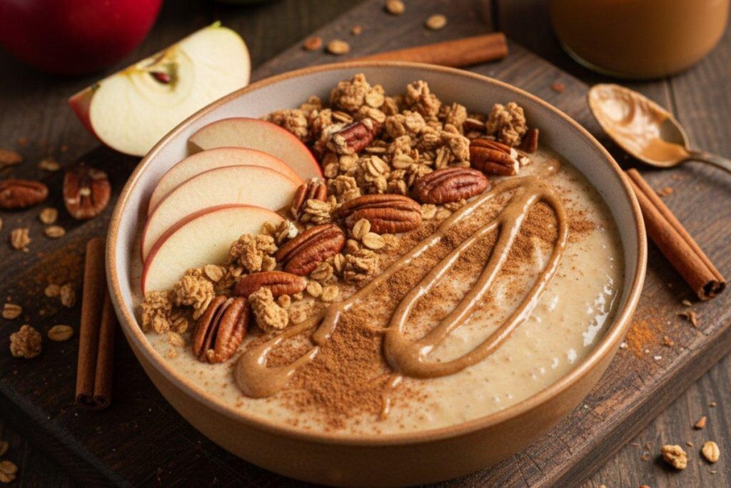 Apple cinnamon smoothie bowl with pecans, tastes like apple pie