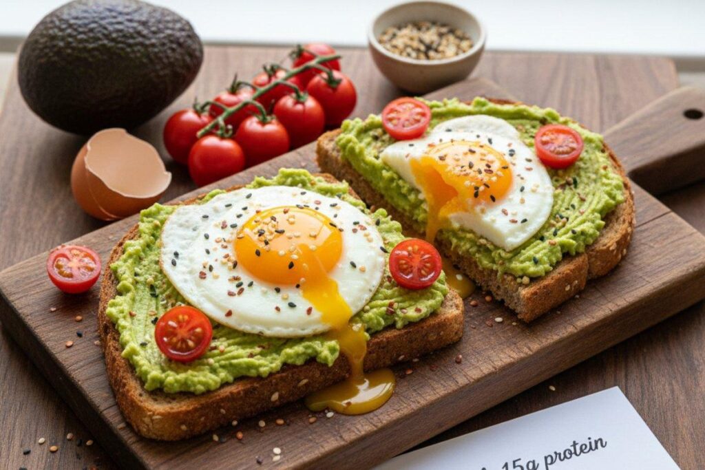 Avocado toast with fried egg and tomatoes, trendy 295 calorie breakfast