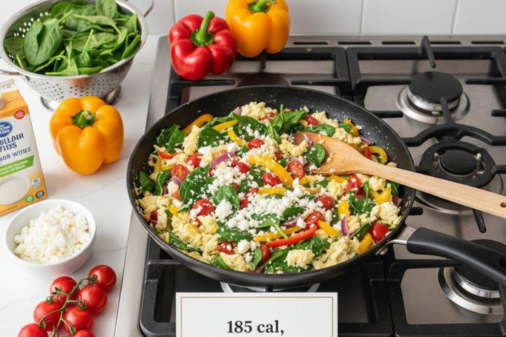 Veggie egg white scramble with colorful vegetables and feta, 185 calories