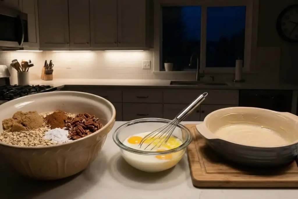 Preparing high protein baked oatmeal the night before for easy morning breakfast