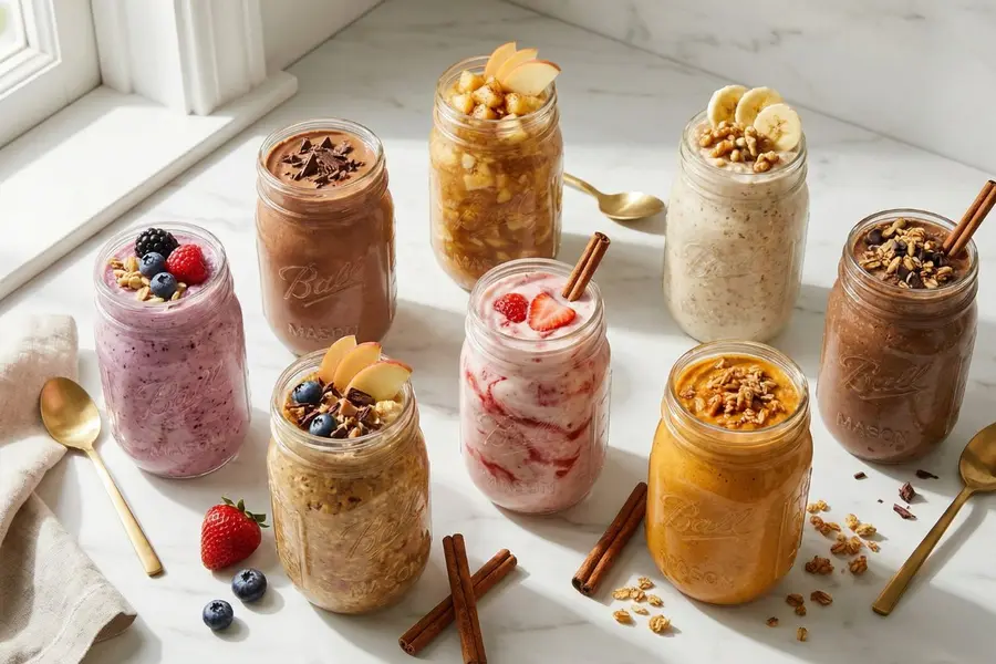 High protein overnight oats for weight loss in elegant glass jars with seven flavors on white marble counter