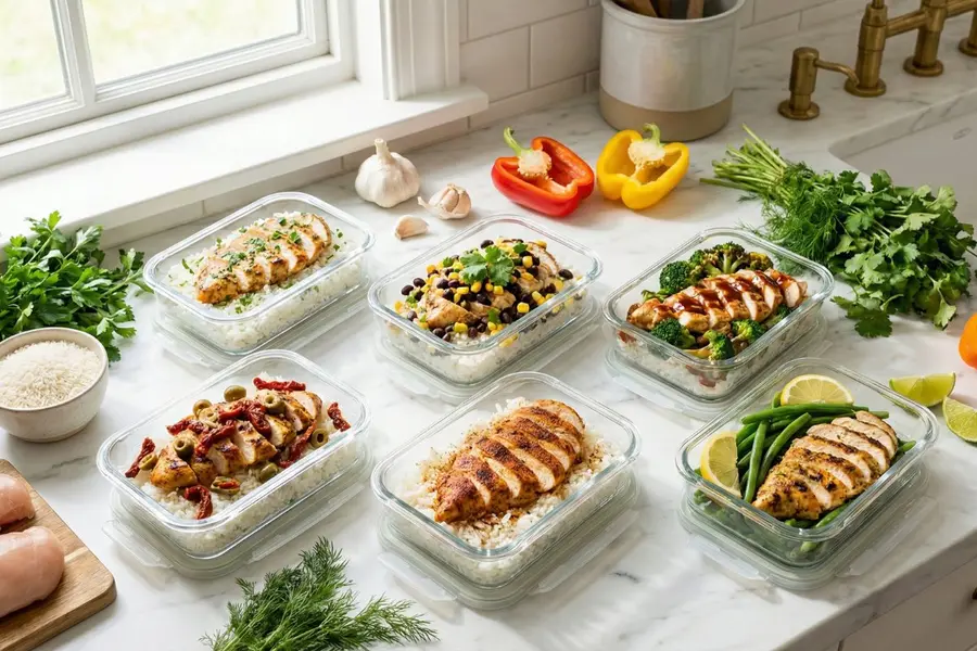 High protein chicken and rice meal prep in six glass containers with fresh ingredients on marble counter