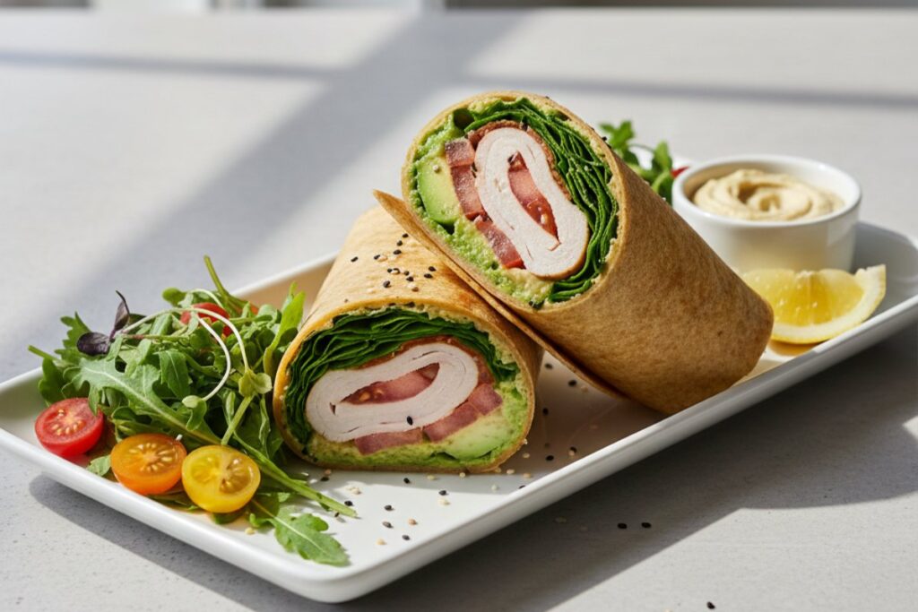 Editorial turkey wrap cross-section 26g protein lunch photography no eggs