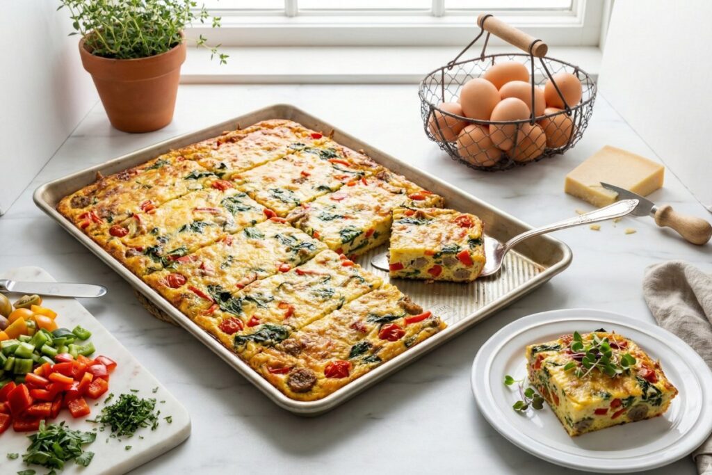 Refined sheet pan egg bake premium quality 18g protein elegant rustic 