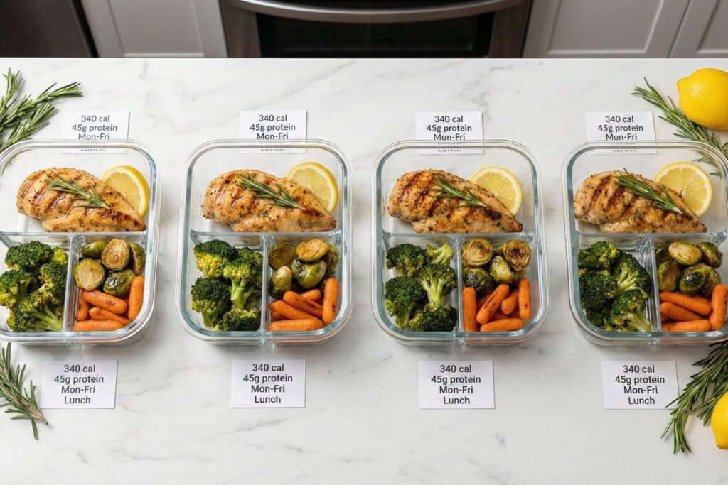 Lemon herb chicken meal prep with roasted vegetables, 340 calories each