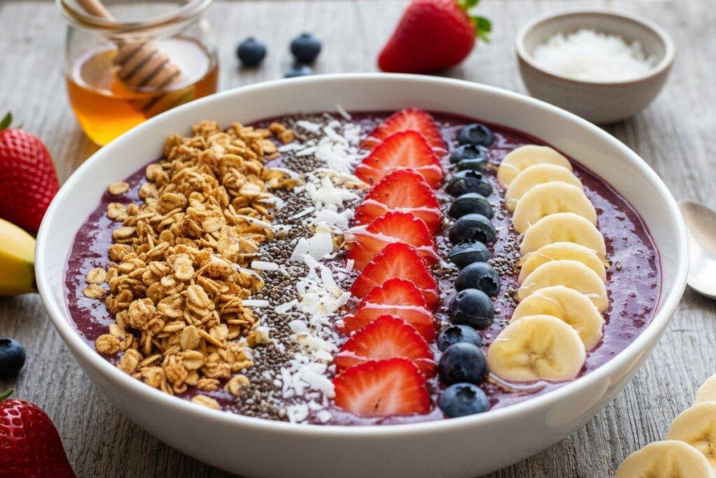 Classic acai berry smoothie bowl with fresh berries and granola toppings
