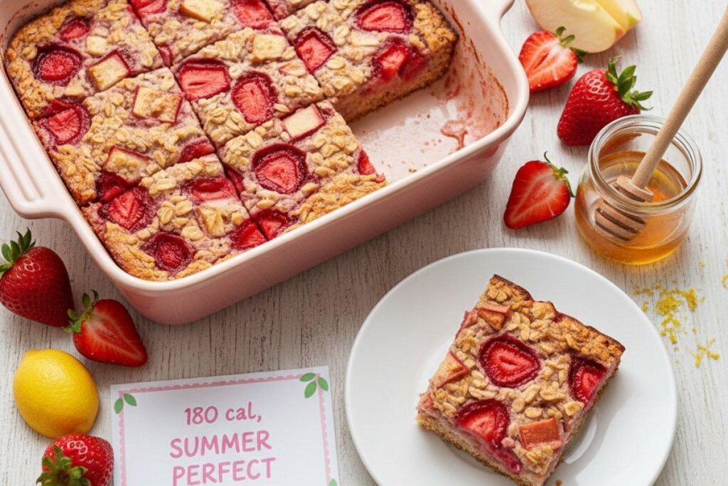 Strawberry apple baked oatmeal with fresh berries, summer breakfast 180 calories