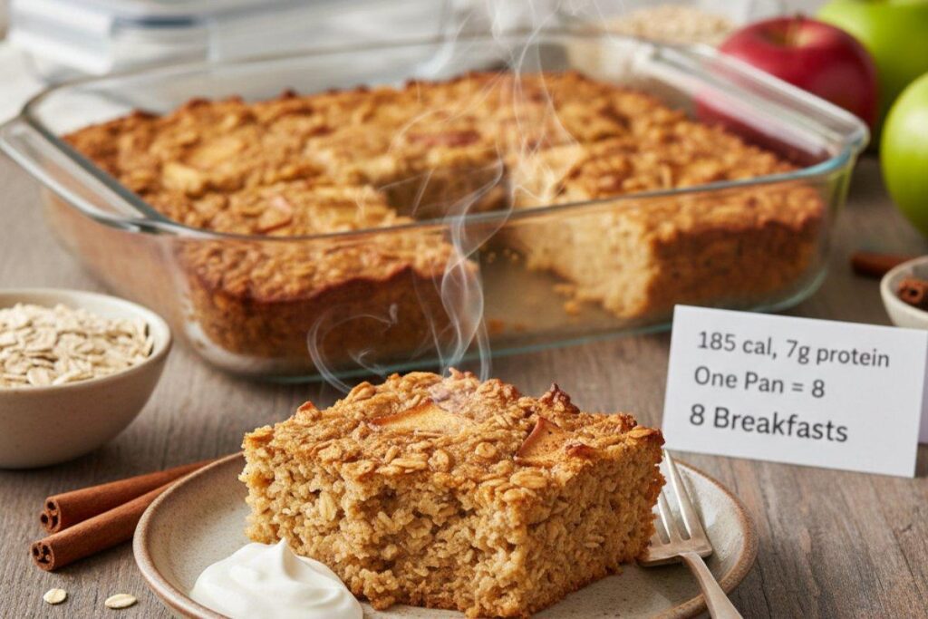 Baked apple oatmeal square reheated, meal prep friendly 185 calorie breakfast