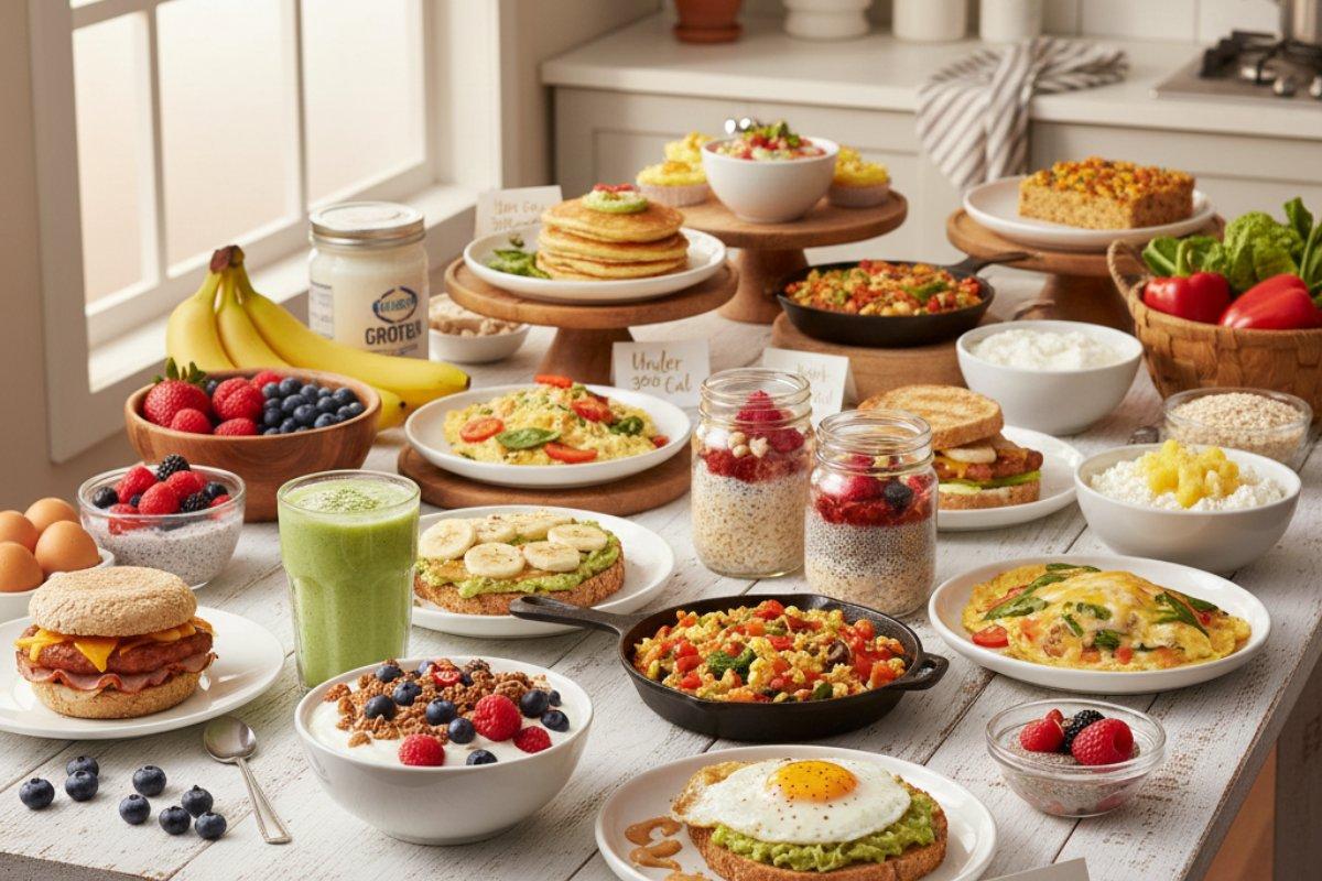 20 low calorie breakfast ideas displayed showing variety under 300 calories each