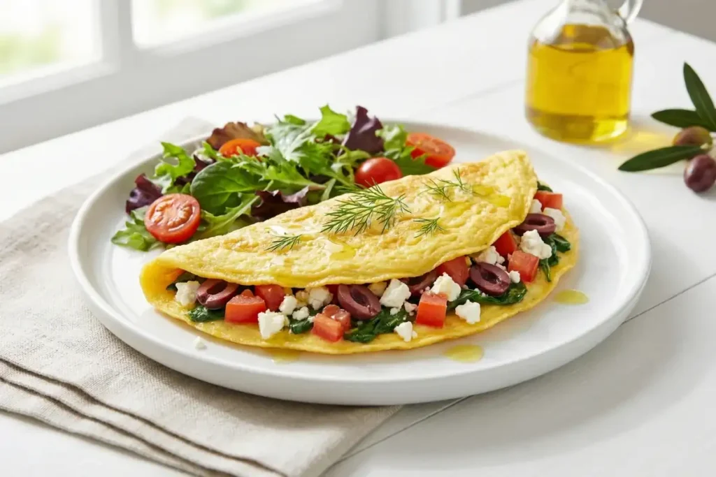 Greek style high protein omelet with feta and vegetables