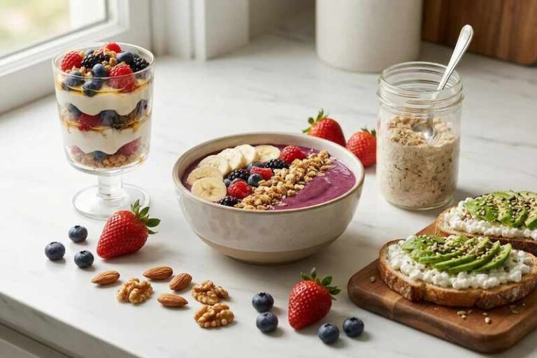 High protein breakfast no eggs spread featuring Greek yogurt parfait, cottage cheese toast, smoothie bowl, and overnight oats on marble countertop