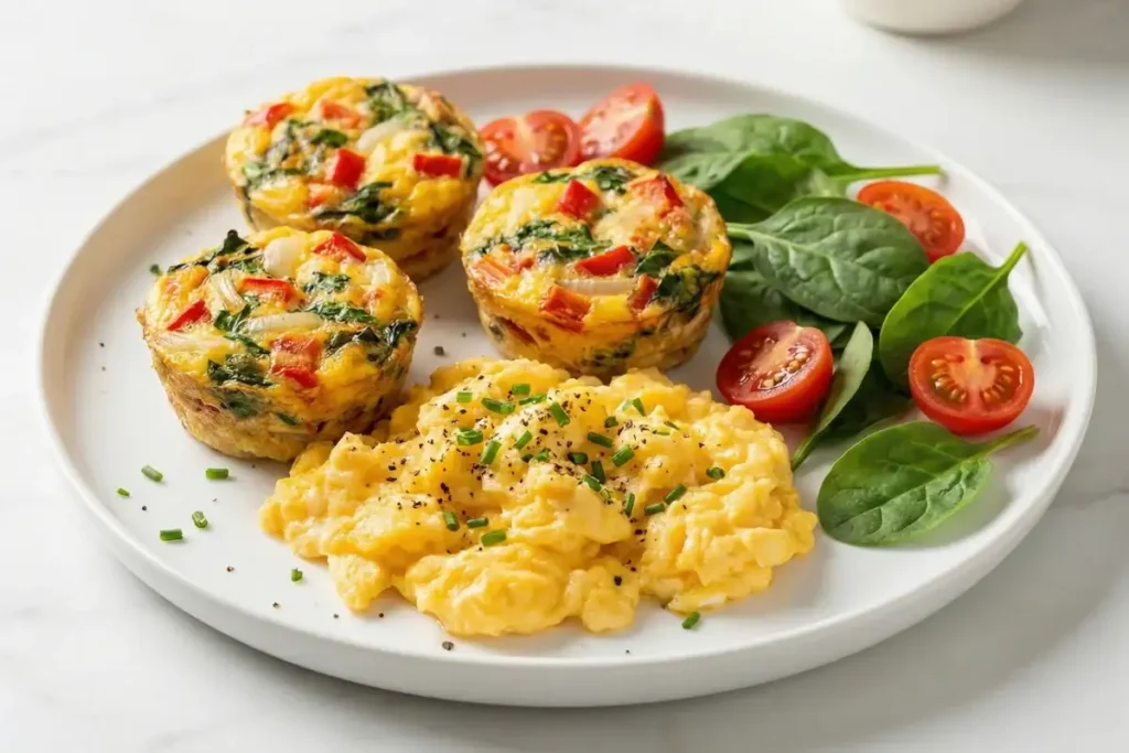 High protein gluten free egg muffins and scrambled eggs on plate