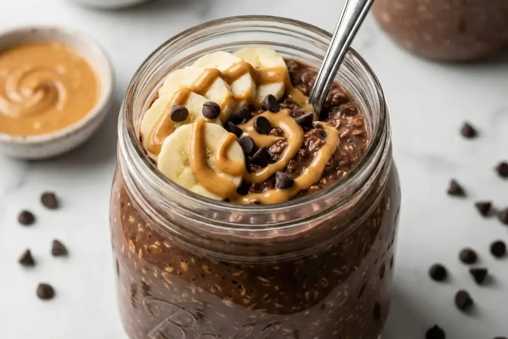 Chocolate peanut butter high protein overnight oats with banana