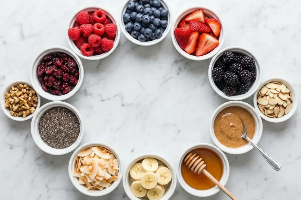 Various healthy toppings for high protein baked oatmeal including berries, nuts, and nut butter