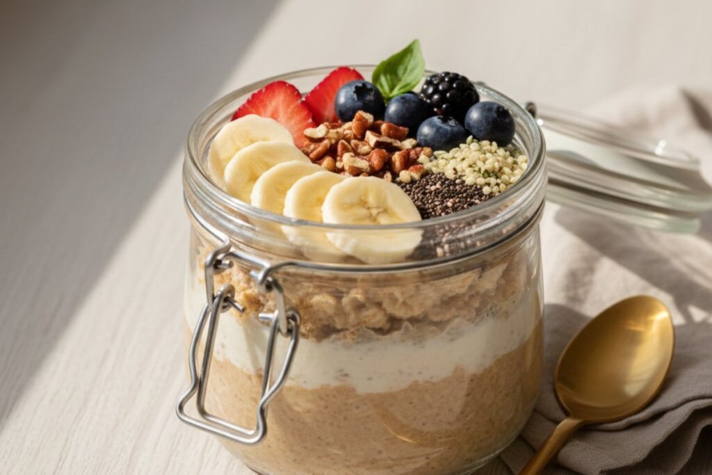 Artistic overnight oats jar 28g protein morning aesthetic food photography