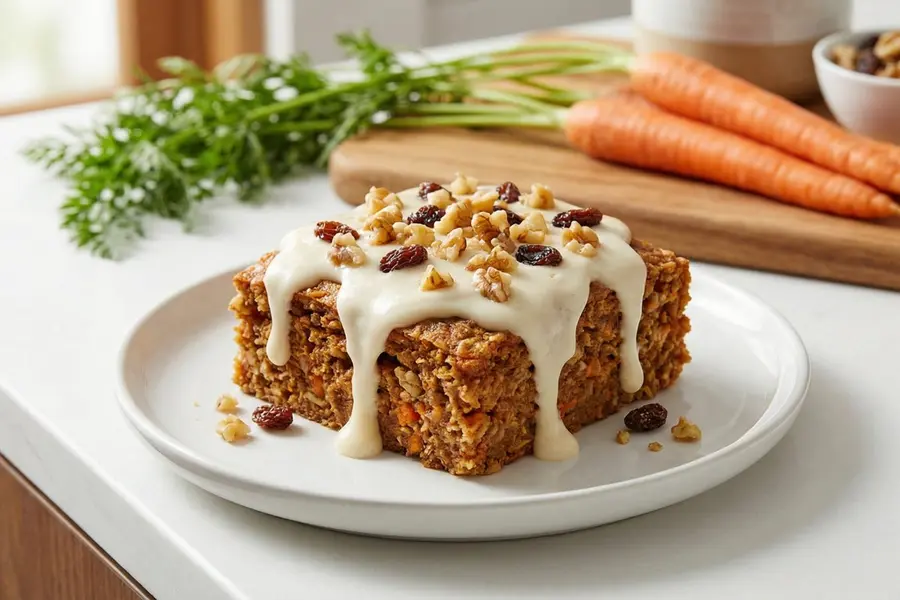 Carrot cake high protein baked oatmeal square with walnuts and raisins on white plate with fresh carrots